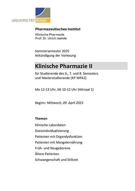 Ankündigung Vorlesung Klinische Pharmazie